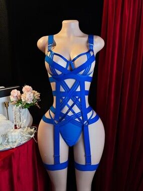 2pc Strappy Front - Cutout Back Cobalt Blue Lingerie Set W/Thigh Garters (L) 💙